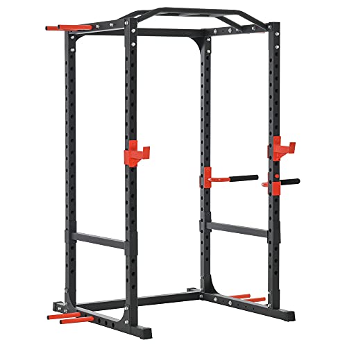 Soozier Adjustable Power Tower Dip Station Pull Up Bar Squat Rack Power Cage At Home Workout Equipment, Upper Body Strength Training Equipment, Black