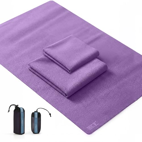 2 Pack Microfiber Travel Towel, Soft Lightweight Quick Dry Towel, Super Absorbent Compact Travel & Sports & Beach Towels for Camping, Backpack, Gym, Swimming, Yoga, Hiking (Purple, Small + Medium)