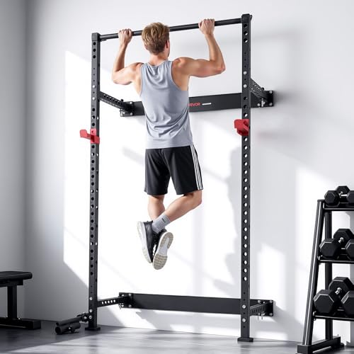 VEVOR Folding Power Cage, Wall-Mounted Power Rack Squat Rack, Multifunctional Strength Training Workout Equipment with Landmine Holder, Adjustable J-Hooks & Pull-Up Bar for Home Gym, 1000LBS Capacity