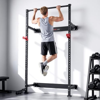VEVOR Folding Power Cage, Wall-Mounted Power Rack Squat Rack, Multifunctional Strength Training Workout Equipment with Landmine Holder, Adjustable J-Hooks & Pull-Up Bar for Home Gym, 1000LBS Capacity