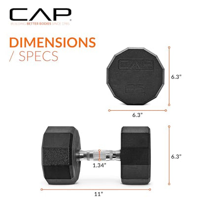 CAP Rubber Coated Dumbbell Weights, Free Weights for Home Gym Strength Training, Anti-Roll Hex Dumbbells with Black, Chrome & Comfort Grip Handles, Pairs & Sets - size: 35 lb - Pair, style: 12-Sided - Chrome Handle