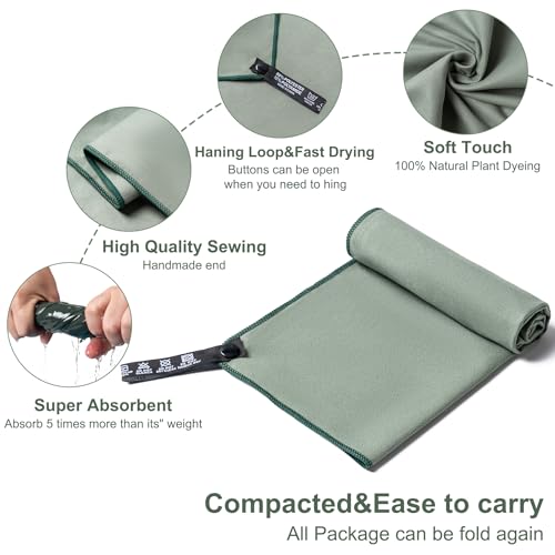 Camping Towel,2 Pack Microfiber Travel Sports Towel,Quick Dry-Super Absorbent-Ultra Compact-Ultra Soft-Lightweight.Suitable for Gym,Yoga,Trip,Beach,Shower,Backpacking,Pool(Army Green)