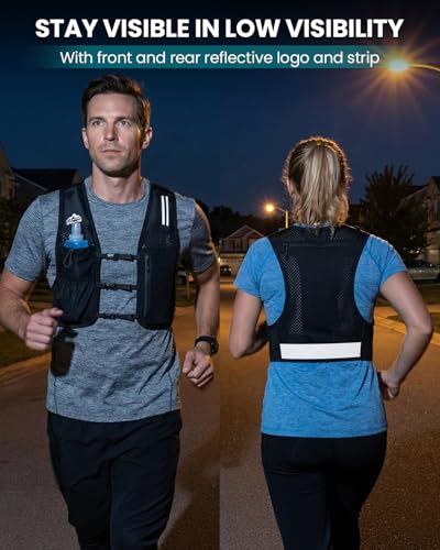 Running Vest for Women Men, Adjustable Running Phone Holder Vest, USA Original Patent, Running Hydration Vest with 500ml Soft Flask, Reflective Running Backpack for Hiking Cycling - size: Medium-Large