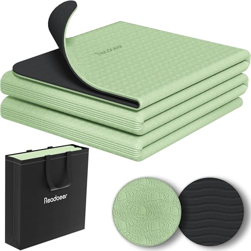 Readaeer Foldable Yoga Mat for Travel Folding Yoga Mat 6mm Thick with Carrying Bag, Non-Slip TPE Exercise Pilates Mat for 72" L x 24" W x 0.24 Inch