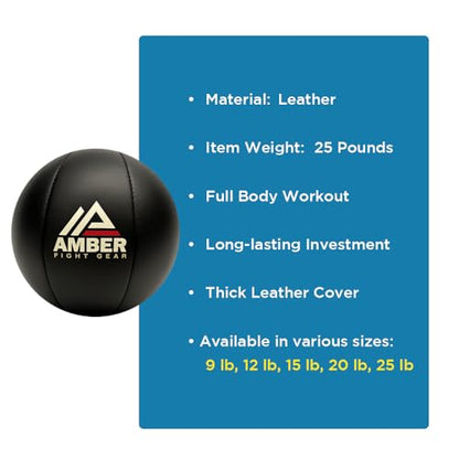 Amber Fight Gear Leather Medicine Ball for Strength & Conditioning, Plyometric & Core Training, Cardio Workouts for Muscle Building, Squats, Lunges, Partner Training, 25lb