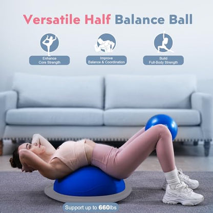 kisnbld Half Balance Ball Trainer, Inflatable 19/23 Inch Half Exercise Ball with Resistance Bands and Pilates Ball, Non-Slip 660lbs Capacity Yoga Ball for Home Gym Full Body Workouts