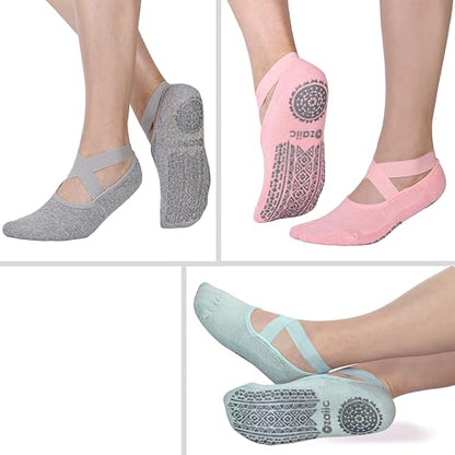 Ozaiic Pilates Socks for Women Non Slip Grip, Yoga Socks with Grippers for Barre, Hospital, Ballet, Dance, Barefoot Workout - color: Grey/Green/Pink