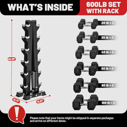 PAPABABE Hex Dumbbell Sets with Rack, 100-600lb Rubber Coated Dumbbell Weight Set and Storage Rack, Multiple Options Hand Weights for Strength Training - style: 600lb Set (Pair of 20, 30, 40, 50, 60, 100lb)