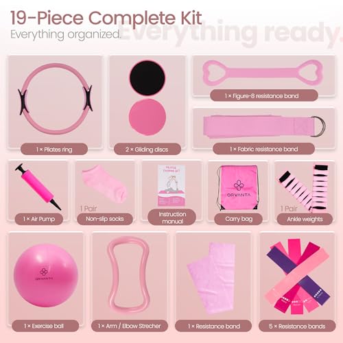 Pilates Equipment Kit 19 Piece, Home Pilates Workout Kit for Women, 14.5" Pilates Ring and Ball Set with Adjustable Ankle Wrist Weights, 5 Resistance Bands,Sliders & Grip Socks,Workout Guide Included