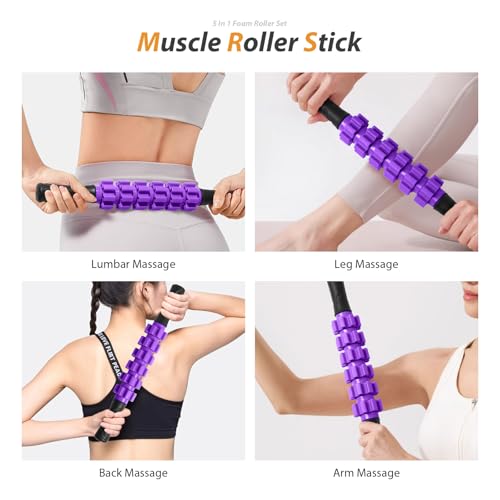 5 in 1 Foam Roller Set for Deep Tissue Muscle Massage, High Density Trigger Point Fitness Patented Exercise Foam Roller, Massage Roller, Massage Ball, Resistance Band, for Whole Body(Purple)