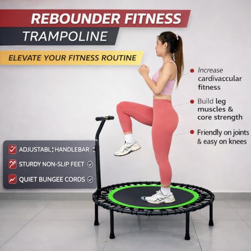 40" Mini Rebounder Fitness Trampoline for Adults with Bungee Cords and Safety Bar. 330LBS/150KG Weight Limit, Ideal for Indoor Outdoor Home Gym Workouts.