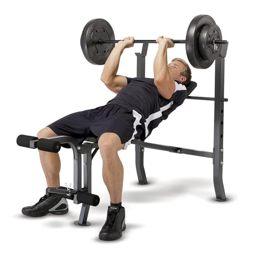 Marcy Standard Bench with 80lbs to 100 lbs Vinyl-Coated Weight Set for Strength Training Lifting for Home Gym - color: Black - 100 lbs
