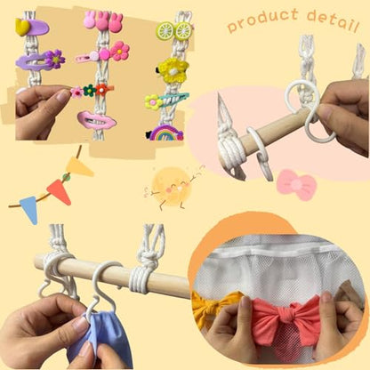 Hair Bows Organizer for Girls, Headband Holder | Hair Accessories Hanger, Cotton Rope, 9 Mesh Pockets & 20 Hooks, Large Capacity, Wall-Mounted Clip Storage, 41x15 in, Boho