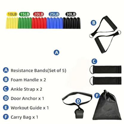 Resistance Bands Set with Handles, 5 Stackable Exercise Bands for Working Out, Home Gym Equipment with Door Anchor, Ankle Straps & Carrying Case for Strength Training, Physical Therapy & Fitness.