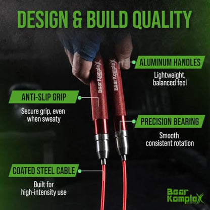 Bear KompleX Speed Jump Rope - Adjustable Tangle-Free Skipping Rope, Lightweight Handles, Smooth 360° Swivel Bearings, 2 Steel Cables, Free Carrying Case - color: Red