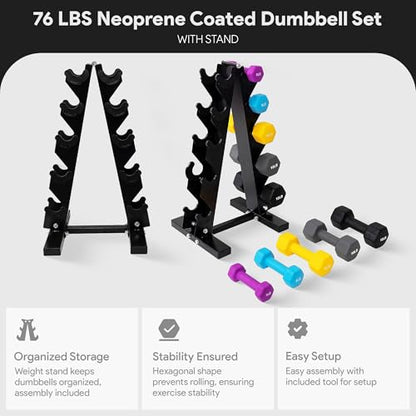 BalanceFrom Neoprene Coated Iron Dumbbell Hex Weights Set with Stand – Color-Coded or Black Options with Non-Slip Grip for Strength Training, Resistance Workouts, and Home Gym Fitness - style: 76LB Set
