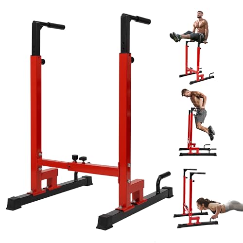 Yes4All Dip Stand 500 LBS Capacity, 80 Levels Adjustable Dip Bars, Dip Station Machine for Home Gym - color: Red & Black