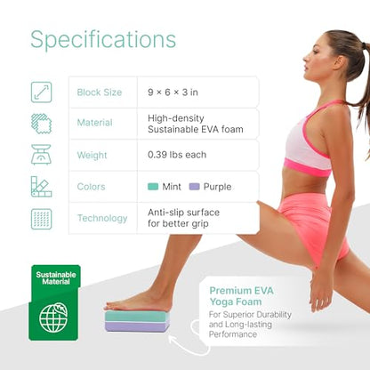 Yoga Blocks 2 Pack with Strap & Guide – Non-Slip EVA Foam Pilates Blocks for Home Workouts, Dance, Ballet, Gymnastics & Stretching Exercise | Ideal Dancer Gifts - color: Mint/Purple & Stretch Band Purple