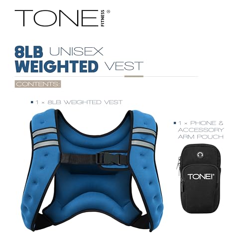 TONE Fitness 8LB Weighted Vest – Women’s & Men’s Workout Vest with Phone Pouch, Reflective Strips & Adjustable Fit for Walking, Running, Cardio & Strength Training | Gray/Blue - color: Blue