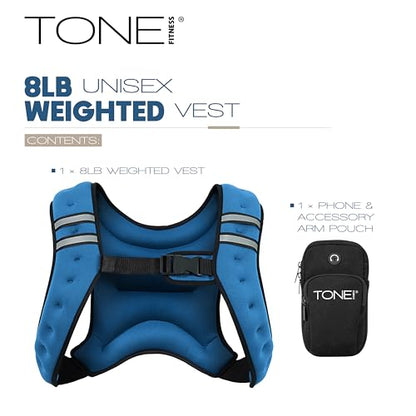 TONE Fitness 8LB Weighted Vest – Women’s & Men’s Workout Vest with Phone Pouch, Reflective Strips & Adjustable Fit for Walking, Running, Cardio & Strength Training | Gray/Blue - color: Blue