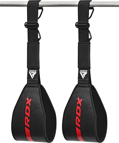 RDX AB Straps for Pull Up Bar Hanging (Pair), Maya Hide Leather, Abdominal Muscle Building Padded Arm Support Slings with D-Ring Strap, Leg Raise Exercise Fitness Workout Strength Training, Men Women - color: Black Red