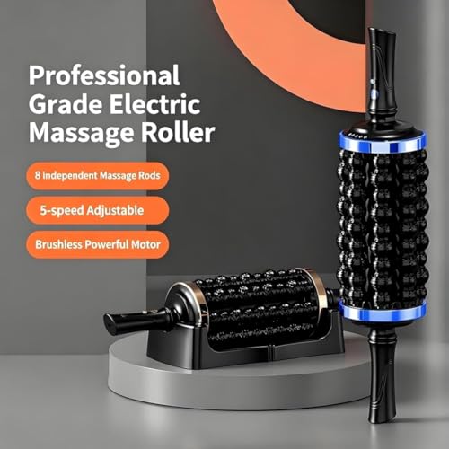 Electric Rolling Percussive Massager, Hands-Free Base, Deep Tissue Muscle Massager and Back Roller Rechargeable Leg Massager Roller, 5-Speed Massage Roller Stick for Legs, Foot & Cellulite roller (A)