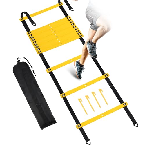 Fixed Rung Agility Ladder - 20ft 12 Rungs No Tangle Speed and Agility Training Equipment for Soccer Footwork Training with Carrying Bag/Ground Stakes for Adults Youth Kids - color: Yellow