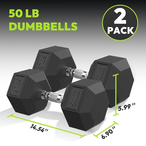 HANDBODE Hex Dumbbell Set, 2.5-65 lb Rubber Encased Exercise & Fitness Dumbbells, Weights Dumbbells Set of 2, Hand Weight for Strength Training - size: 50 lb, Pair, style: Chrome Handle
