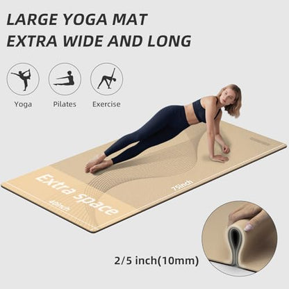 Large Exercise Mat | 10mm Thick TPE Non-slip Gym Mats, Carrying Strap - color: beige/black