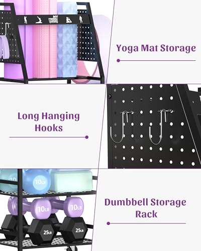 Mythinglogic Yoga Mat Storage Racks,Home Gym Storage Rack for Dumbbells Kettlebells Foam Roller, Yoga Strap and Resistance Bands, Workout Equipment Storage Organizer With Hooks and Wheels