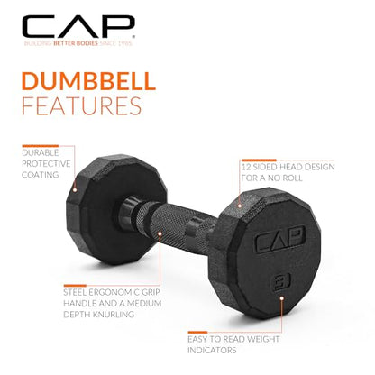CAP Rubber Coated Dumbbell Weights, Free Weights for Home Gym Strength Training, Anti-Roll Hex Dumbbells with Black, Chrome & Comfort Grip Handles, Pairs & Sets - size: 3 lb - Pair, style: 12-Sided - Black Handle