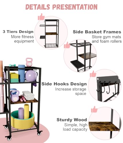 Yoga Mat Storage Rack with Wheels, 3 Tier Home Gym Workout Equipment Organizer for Dumbbells, Kettlebells, Foam Rollers