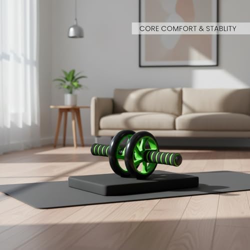 Green Ab Wheel Roller with Knee Pad, Dual Exercise Wheel for Core Strength, Non-Slip Rubber Wheels for Home Gym Workouts on Hard Floors