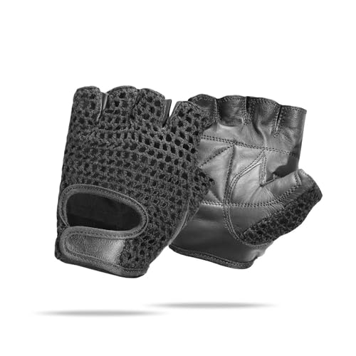 Leather Padded Crochet Back Breathable Fingerless Weight Lifting, Cycling Workout Gloves, Black (Large)