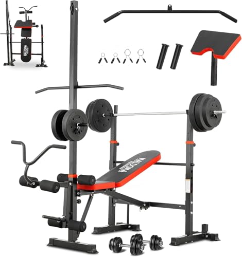 Multi-Function 8 in 1 Foldable Weight Bench Set with Leg Extension/Squat Rack, Adjustable Bench Press for Home Gym.（US Stock） - color: light red