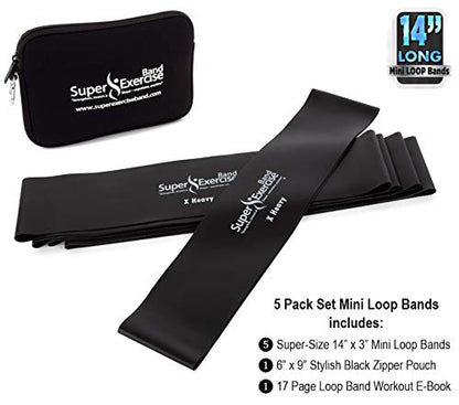 USA 14" x 3" Extra Long Latex Free Mini Loop Bands in 3, 5, 10 Pack Sets. 10 Strengths for Resistance Training, Stretching, Yoga, Toning. Plus an Exclusive iPhone App and E-Book. - color: t. Black X HEAVY Loop Band 5 Pack