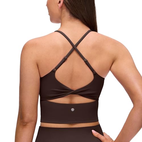 CRZ YOGA Butterluxe Twist Cross Back Crop Tank Tops for Women - Padded Adjustable Straps Yoga Longline Sports Bras - color: Hot Fudge Brown, size: Large