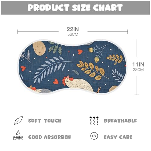 Roosters Dark Blue Muslin Burp Cloths 1 Pack - Extra Large 22"x11", 4-Layer Soft Absorbent Cotton, Waterproof Backing, Baby Drool Rags for Newborn