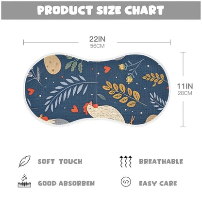 Roosters Dark Blue Muslin Burp Cloths 1 Pack - Extra Large 22"x11", 4-Layer Soft Absorbent Cotton, Waterproof Backing, Baby Drool Rags for Newborn