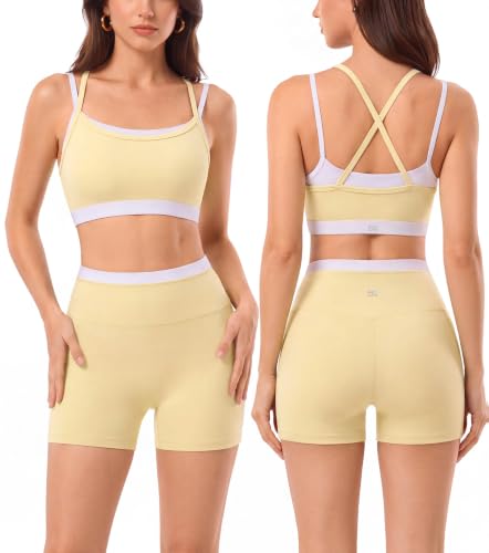 2 Pieces Workout Sets for Women,Seamless Athletic Short with Double Layer Sports Bra,Gym Matching Outfits - color: Ylw001, size: Large