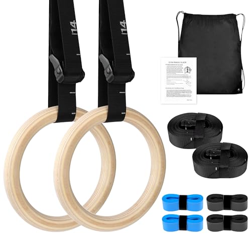 ZILLEEN Wooden Gymnastics Rings 1.25" Olympic Rings with Adjustable Straps for Pull Up Bar Exercise Men Gym Kids