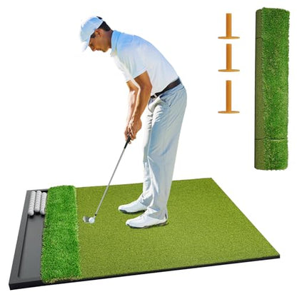 Golf Hitting Mat with Ball Tray, Dual-Turf Practice Training Mat for Indoor & Outdoor Use with 3 Rubber Tees - size: 5 x 4 ft - 1.22"