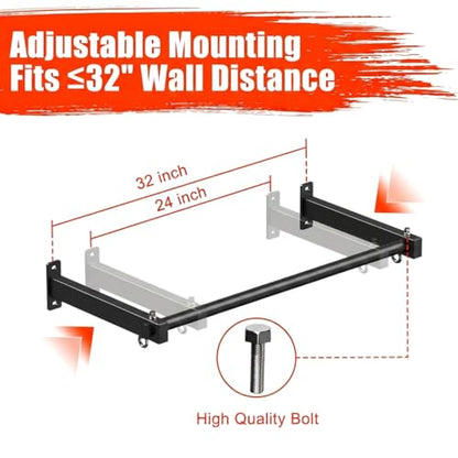Wall Mount Pull Up Bar, Heavy Duty Steel PullUp Bar Fits 24" & 32" Wood Studs, for Home Gym Garage Basement Strength Training Chin Up Bar with Round Anchors