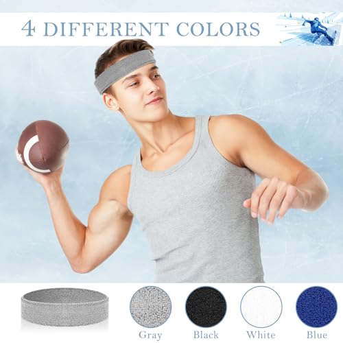 4 Pack Headbands for Men, Sweat Bands Headbands Men & Women, Cotton Terry Sweat Bands for Tennis, Basketball, Running, Gym, Working Out