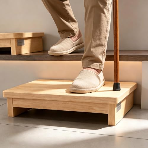 Half Steps for Seniors 3.5" Wooden Step Stool for Seniors with Non-Slip Rubber Feet Standard Depth (9.5 inch), Sturdy Step Stool for Stairs, Solid Pinewood Platform Step for Indoor Use