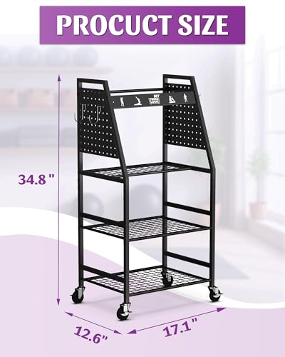 Mythinglogic Yoga Mat Storage Racks,Home Gym Storage Rack for Dumbbells Kettlebells Foam Roller, Yoga Strap and Resistance Bands, Workout Equipment Storage Organizer With Hooks and Wheels