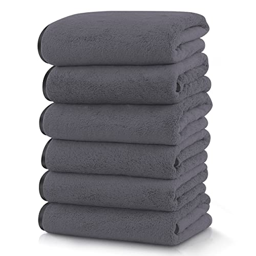Silk Hemming Hand Towels for Bathroom - Quick Drying - Ultra Soft Microfiber Absorbent Towel for Bath Fitness, Gym, Shower, Hotel, and Spa - 16x28 Inch | Set of 6, Dark Grey