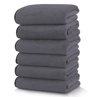 Silk Hemming Hand Towels for Bathroom - Quick Drying - Ultra Soft Microfiber Absorbent Towel for Bath Fitness, Gym, Shower, Hotel, and Spa - 16x28 Inch | Set of 6, Dark Grey