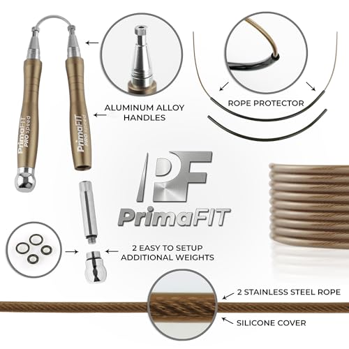 Jump Rope Pro Speed Skipping Rope Adjustable Adult Jumping Rope Weighted Aluminium Handles for Double Dutch Boxing Workout Crossfit Exercise Fitness Spare Cable Weights Protectors Carry Bag - color: Bronze
