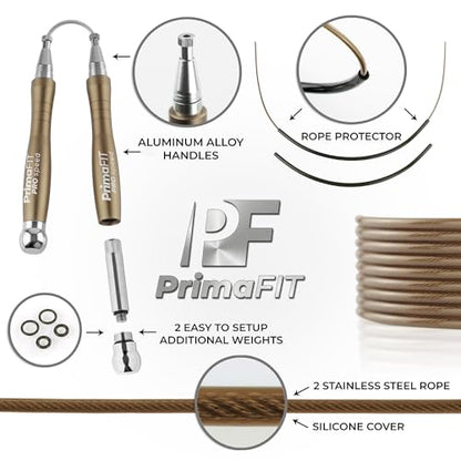 Jump Rope Pro Speed Skipping Rope Adjustable Adult Jumping Rope Weighted Aluminium Handles for Double Dutch Boxing Workout Crossfit Exercise Fitness Spare Cable Weights Protectors Carry Bag - color: Bronze